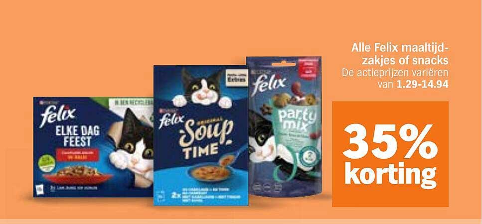 Alle Felix maaltijd-zakjes of snacks 35% korting