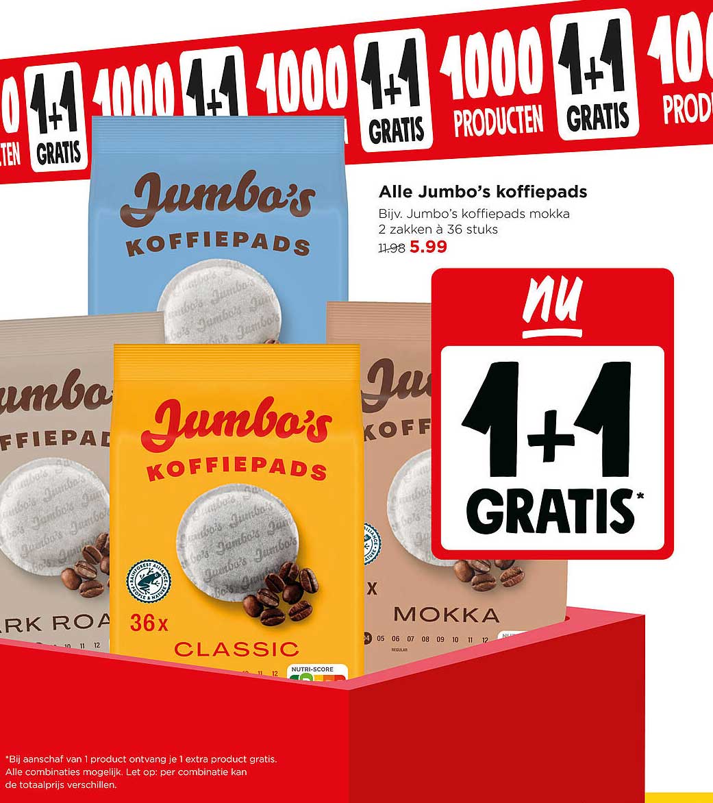 Alle Jumbo's koffiepads 1+1 gratis