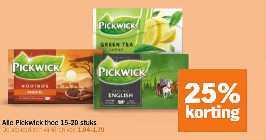 Alle Pickwick thee 15-20 stuks 25% korting