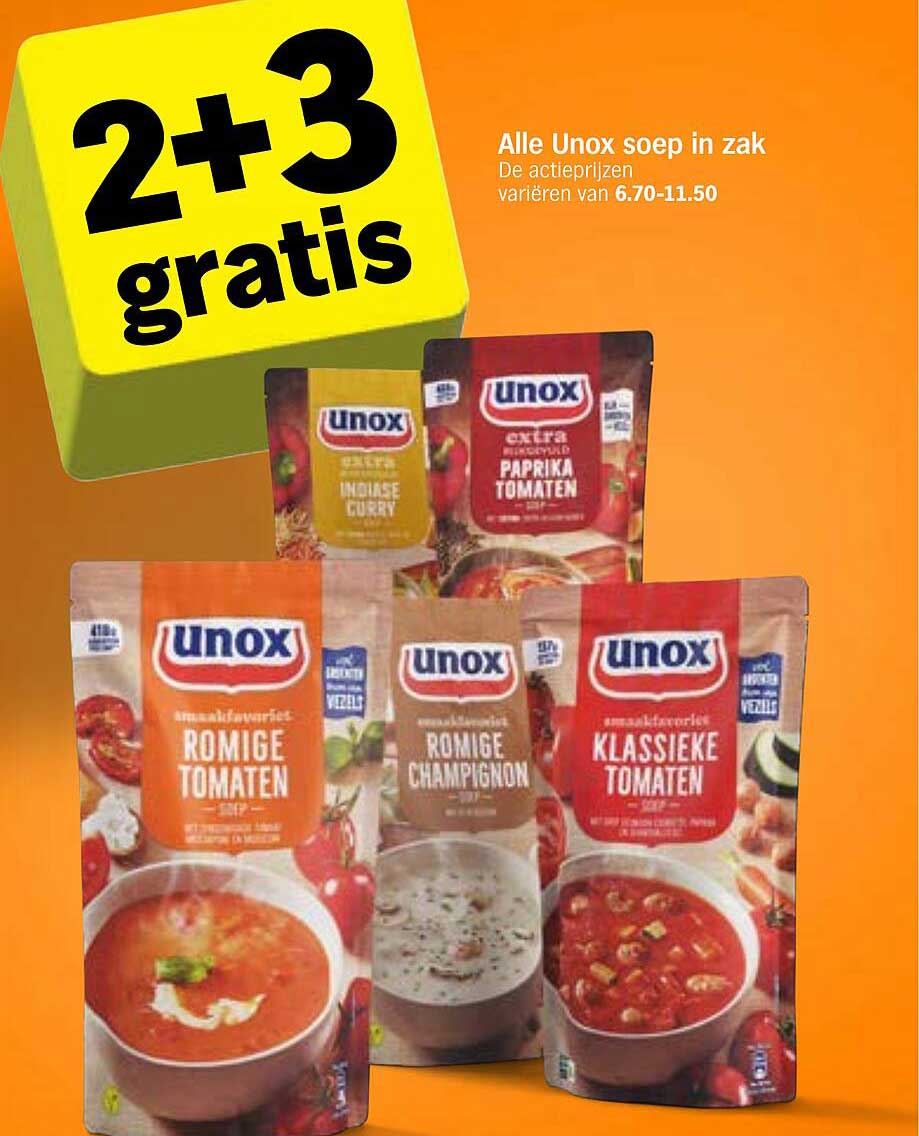 Alle Unox soep in zak 2+3 gratis