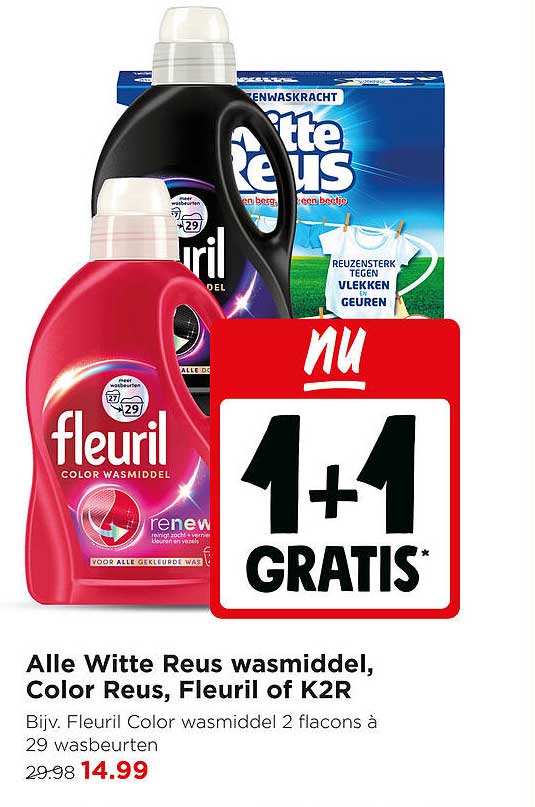 Alle Witte Reus wasmiddel, Color Reus, Fleuril of K2R nu 1+1 gratis