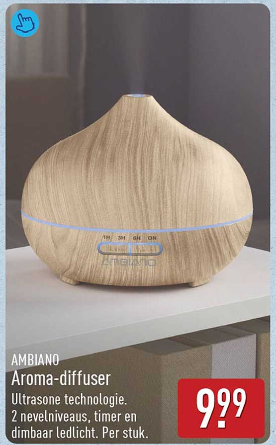 AMBIANO Aroma-diffuser Ultrasone technologie. 2 nevelniveaus, timer en dimbaar ledlicht. Per stuk.