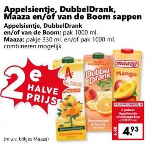 Appelsientje, DubbelDrank, Maaza en/of van de Boom sappen 2e halve prijs