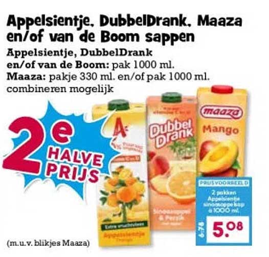 Appelsientje, DubbelDrank, Maaza en/of van de Boom sappen 2e halve prijs