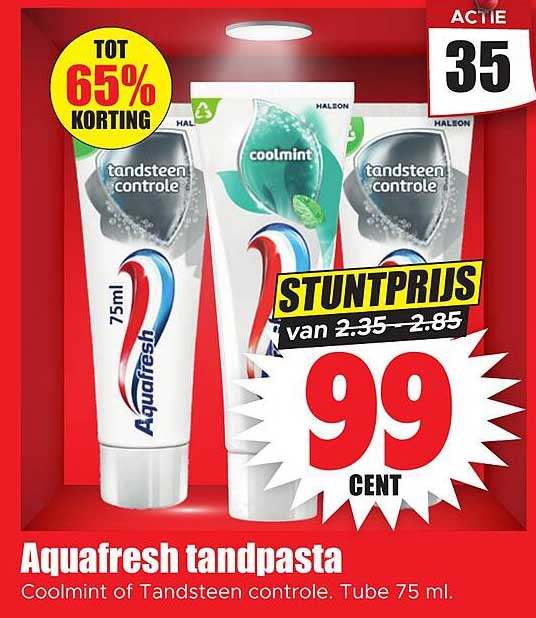 Aquafresh tandpasta Coolmint of Tandsteen controle. Tube 75 ml. TOT 65% KORTING