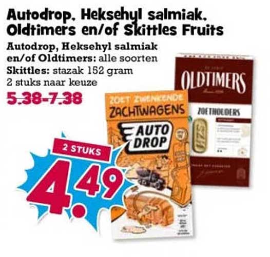 Autodrop, Heksehyl salmiak, Oldtimers en/of Skittles Fruits 2 stuks