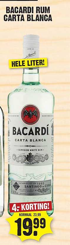 BACARDI RUM CARTA BLANCA HELE LITER! 4- KORTING!
