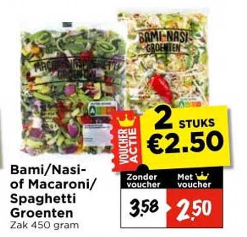 Bami/Nasi- of Macaroni/ Spaghetti Groenten Zak 450 gram 2 stuks €2.50