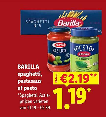 BARILLA spaghetti, pastasaus of pesto