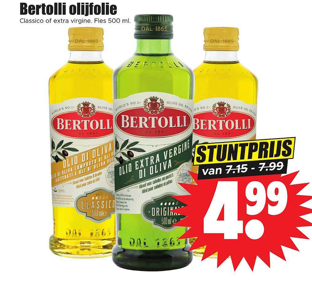 Bertolli olijfolie Classico of extra virgine. Fles 500 ml. STUNTPRIJS