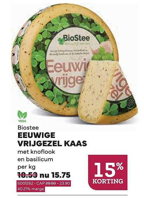 Biostee Eeuwige VriJgezel Kaas met knoflook en basilicum per kg 15% korting