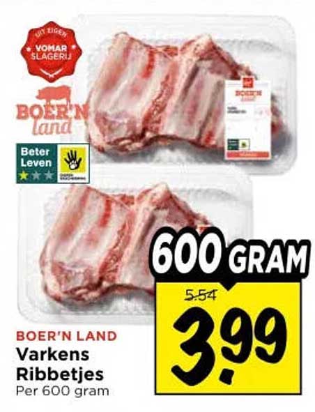 BOER'N LAND Varkens Ribbetjes Per 600 gram