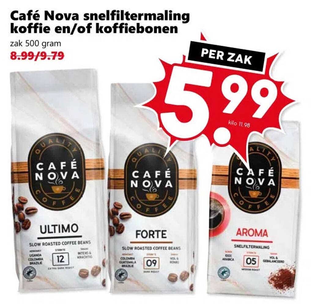 Café Nova snelfiltermaling koffie en/of koffiebonen PER ZAK