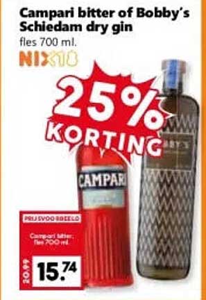 Campari bitter of Bobby's Schiedam dry gin fles 700 ml 25% KORTING