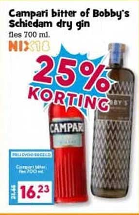 Campari bitter of Bobby’s Schiedam dry gin fles 700 ml. MIXS 25% KORTING