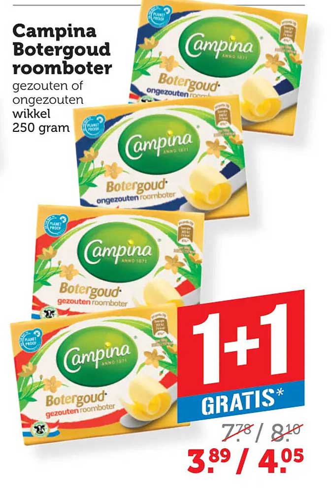 Campina Botergoud roomboter gezouten of ongezouten wikkel 250 gram 1+1 GRATIS*