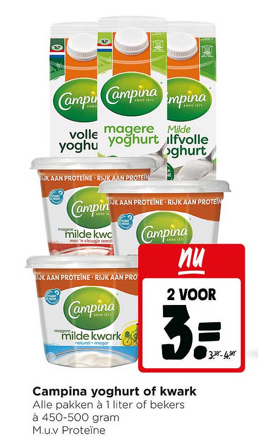 Campina yoghurt of kwark 2 voor 3=