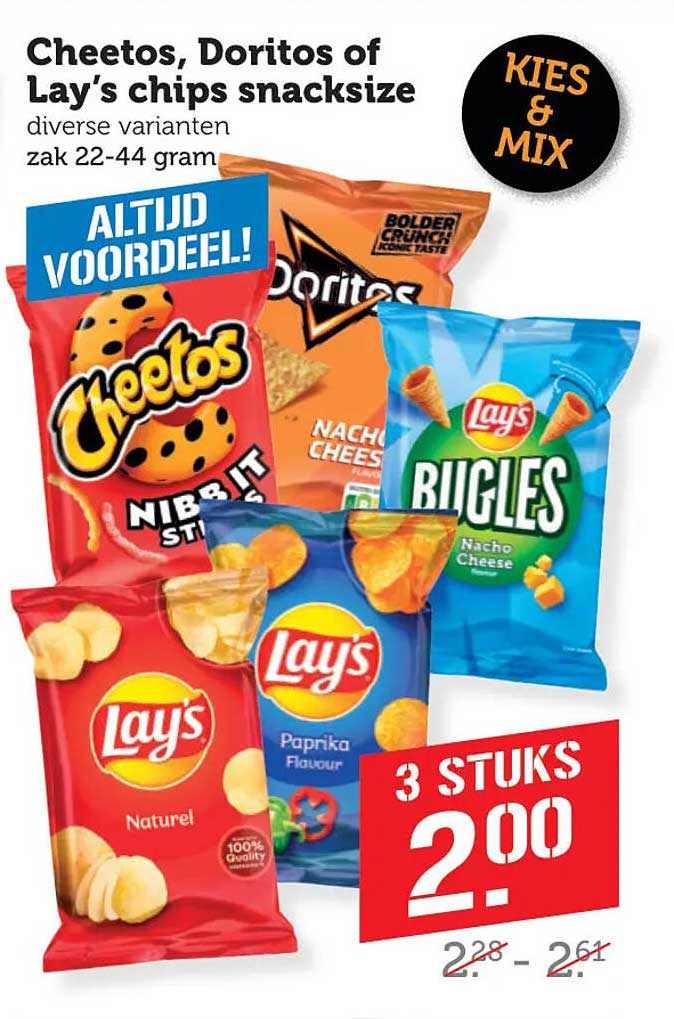 Cheetos, Doritos of Lay’s chips snacksize diverse varianten zak 22-44 gram KIES & MIX