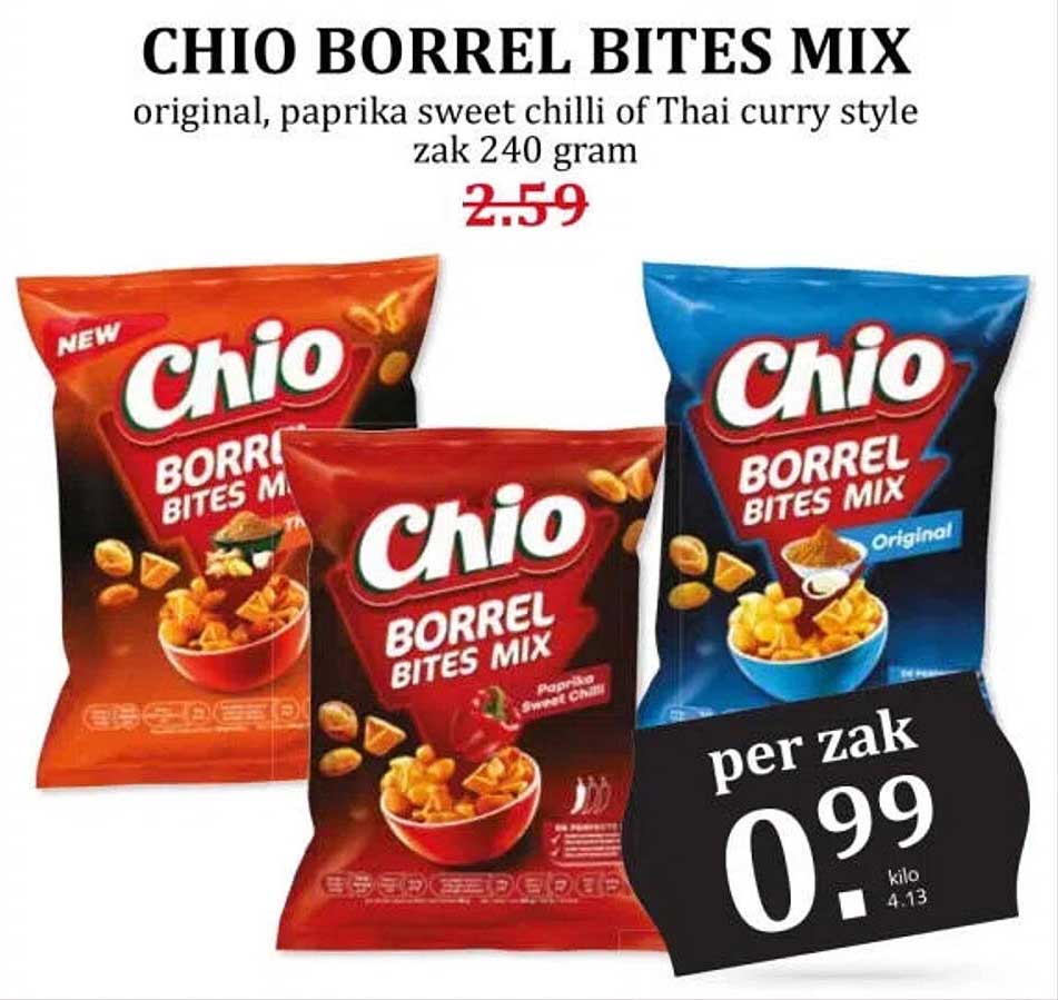 CHIO BORREL BITES MIX original, paprika sweet chilli of Thai curry style zak 240 gram