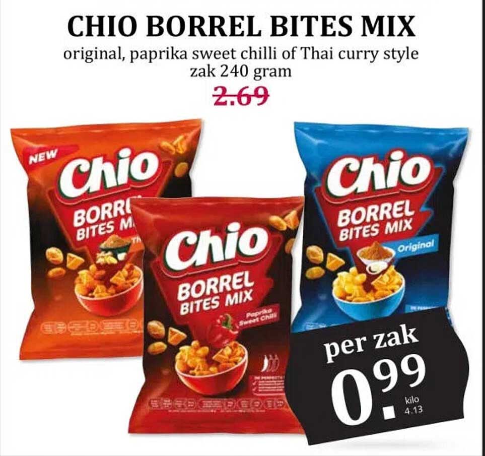 CHIO BORREL BITES MIX original, paprika sweet chilli of Thai curry style zak 240 gram