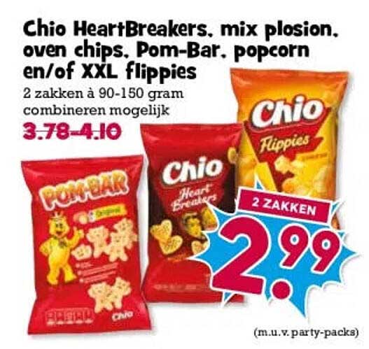 Chio HeartBreakers, mix plosion, oven chips, Pom-Bar, popcorn en/of XXL flippies