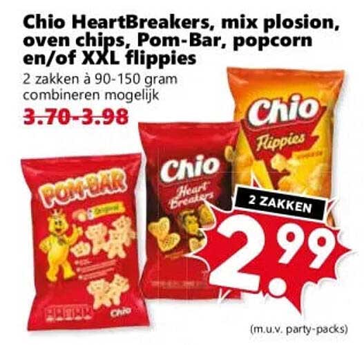 Chio HeartBreakers, mix plosion, oven chips, Pom-Bar, popcorn en/of XXL Flippies