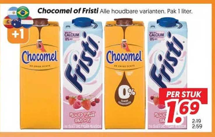 Chocomel of Fristi Alle houdbare varianten. Pak 1 liter. 1+1