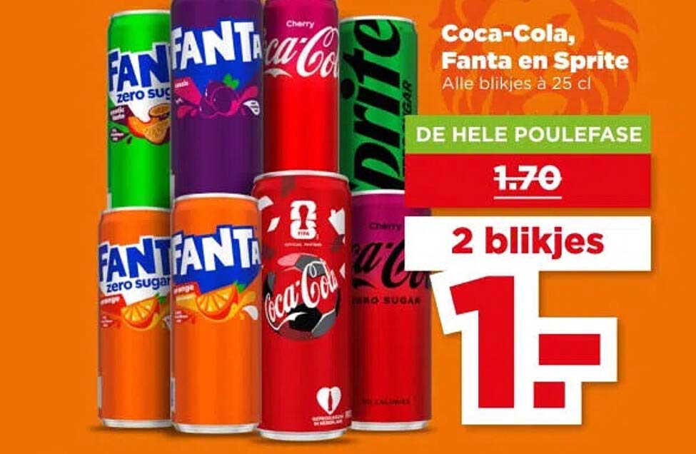 Coca-Cola, Fanta en Sprite Alle blikjes à 25 cl DE HELE POULEFASE 2 blikjes