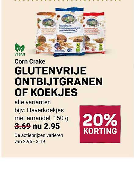 Corn Crake GLUTENVRIJE ONTBIJTGRANEN OF KOEKJES alle varianten bijv: Havermoutkoekjes met amandel, 150 g 20% KORTING