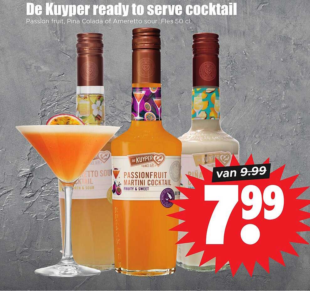 De Kuyper ready to serve cocktail Passion fruit, Pina Colada of Amaretto sour. Fles 50 cl.