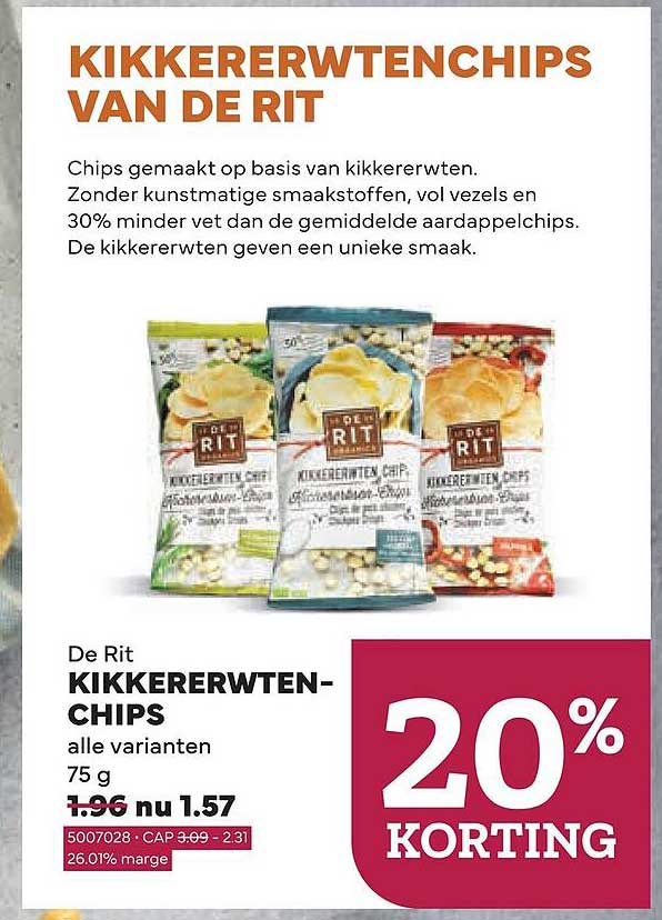De Rit KIKKERERWTEN-CHIPS alle varianten 75 g 20% KORTING