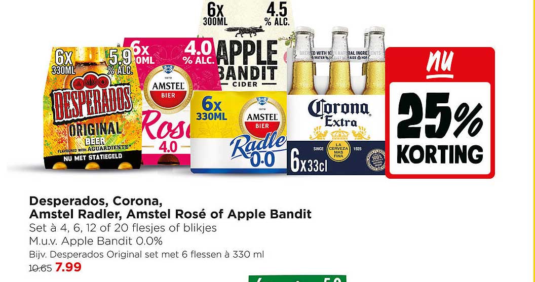 Desperados, Corona, Amstel Radler, Amstel Rosé of Apple Bandit 25% korting