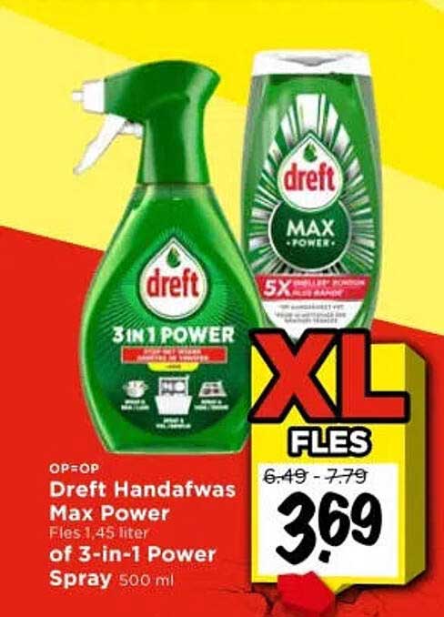 Dreft Handafwas Max Power Fles 1,45 liter of 3-in-1 Power Spray 500 ml XL FLES