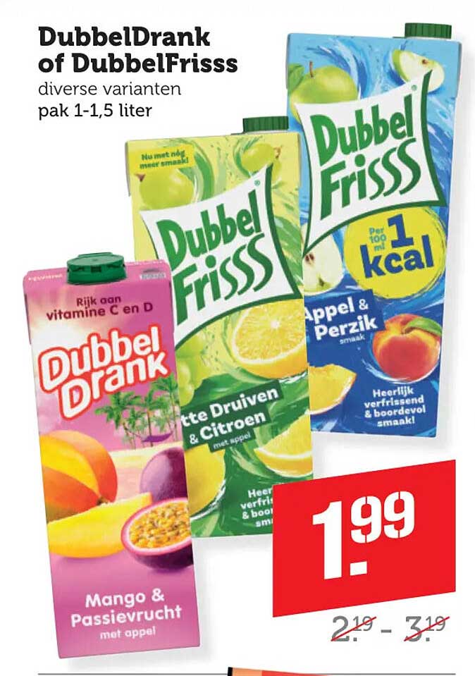 DubbelDrank of DubbelFrisss diverse varianten pak 1-1,5 liter