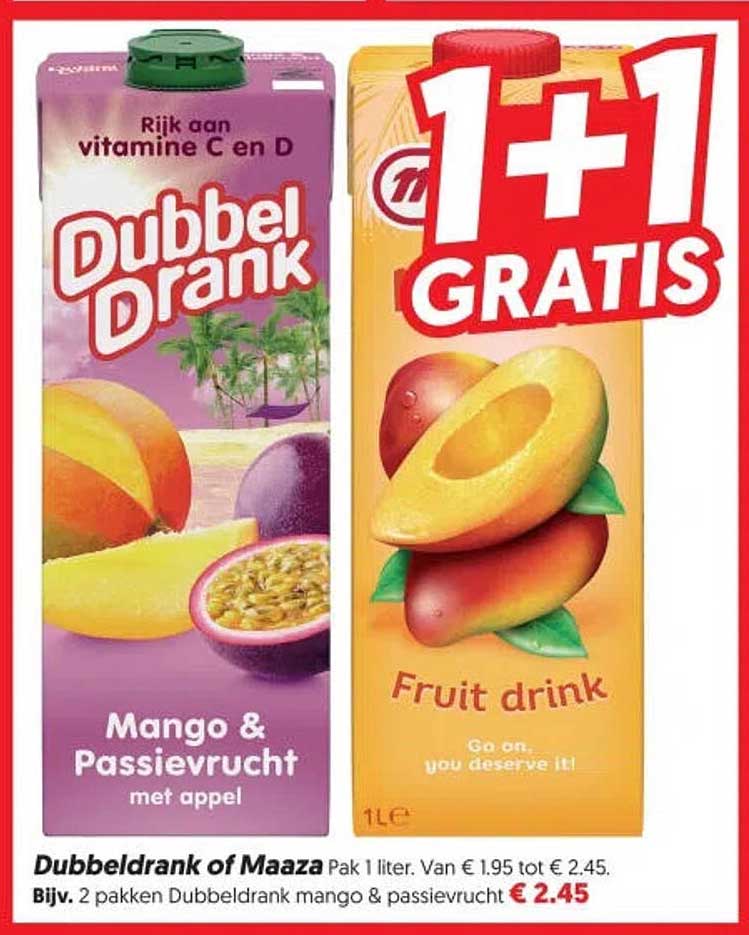 DubbelDrank of Maaza 1+1 gratis