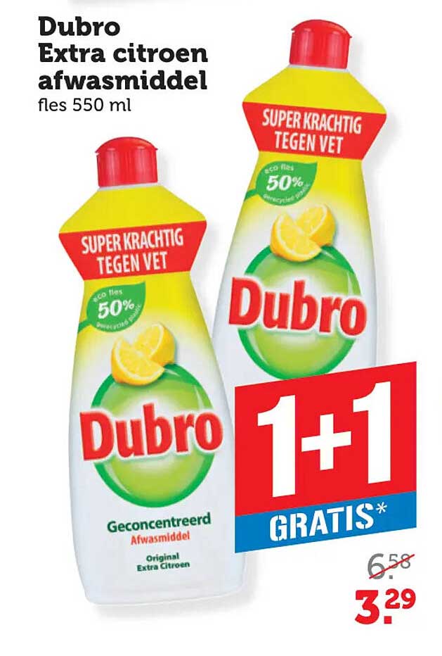 Dubro Extra citroen afwasmiddel fles 550 ml 1+1 gratis