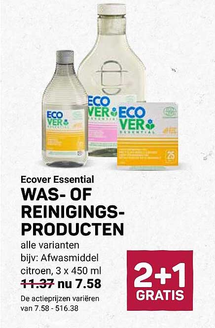 Ecover Essential WAS- OF REINIGINGSPRODUCTEN alle varianten bijv: Afwasmiddel citroen, 3 x 450 ml 2+1 GRATIS