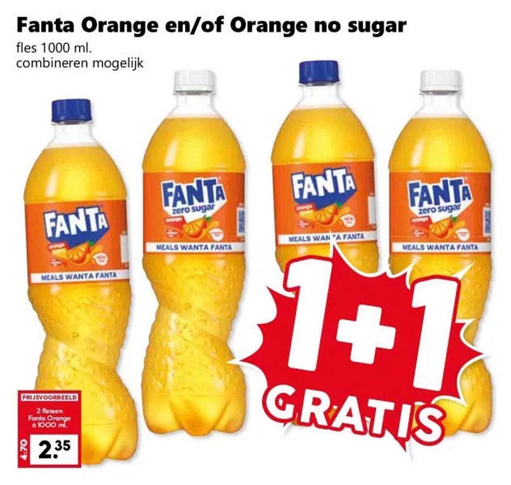 Fanta Orange en/of Orange no sugar fles 1000 ml combineren mogelijk 1+1 gratis