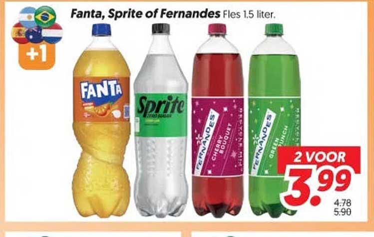 Fanta, Sprite of Fernandes Fles 1.5 liter 2 voor 3.99
