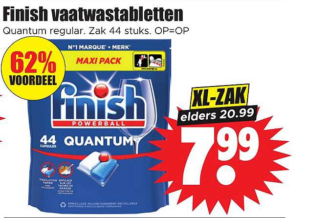 Finish vaatwastabletten Quantum regular. Zak 44 stuks. OP=OP XL-ZAK elders 20.99