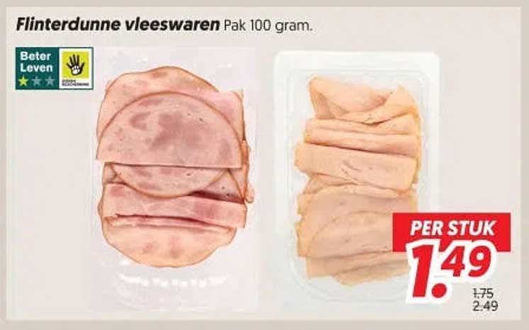Flinterdunne vleeswaren Pak 100 gram.