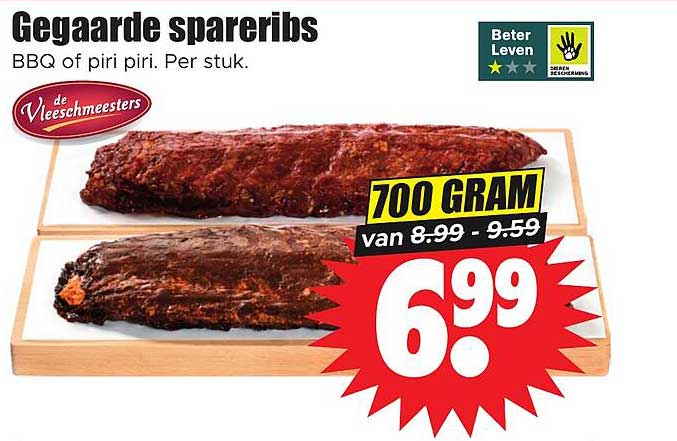 Gegaarde spareribs BBQ of piri piri. Per stuk. 700 gram