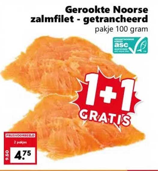 Gerookte Noorse zalmfilet - getrancheerd pakje 100 gram 1+1 GRATIS
