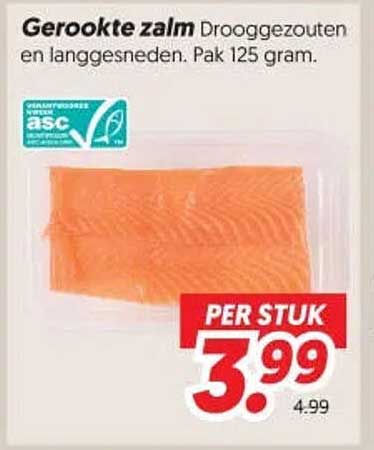 Gerookte zalm drooggezouten en langgesneden. Pak 125 gram.