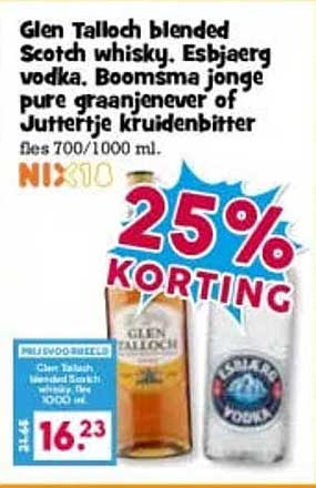 Glen Talloch blended Scotch whisky, Esbjærg vodka, Boomsma jonge pure graanjenever of Juttertje kruidenbitter 700/1000 ml. 25% KORTING