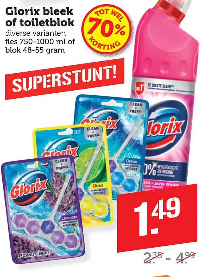 Glorix bleek of toiletblok - tot wel 70% korting - SUPERSTUNT!