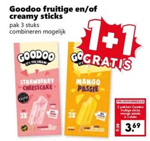 Goodoo fruitige en/of creamy sticks 1+1 GRATIS