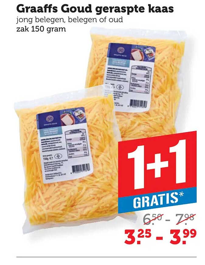 Graaffs Goud geraspte kaas jong belegen, belegen of oud zak 150 gram 1+1 GRATIS*