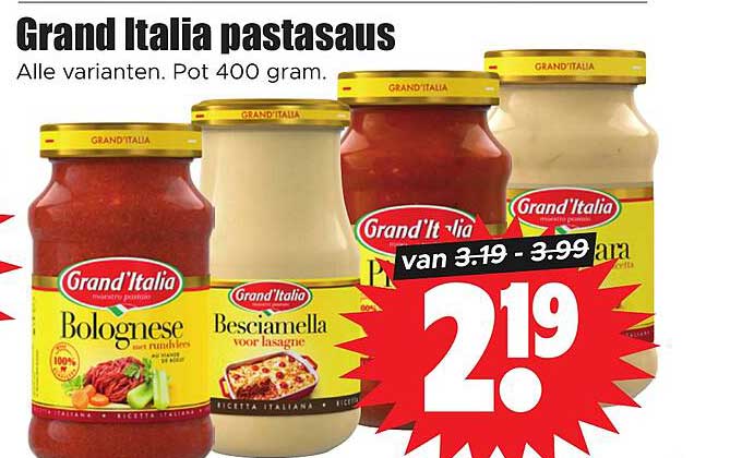 Grand Italia pastasaus Alle varianten. Pot 400 gram.