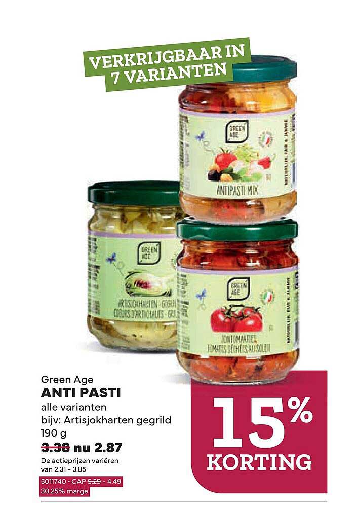 Green Age ANTI PASTI alle varianten bijv: Artisjokharten gegrild 190 g 15% KORTING